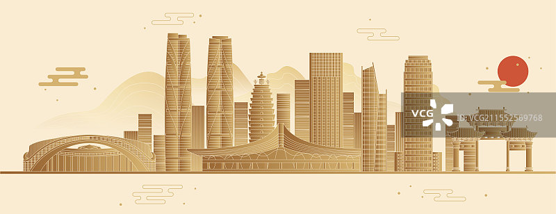 云南昆明地标建筑城市天际线矢量图新中式扁平国风图片素材