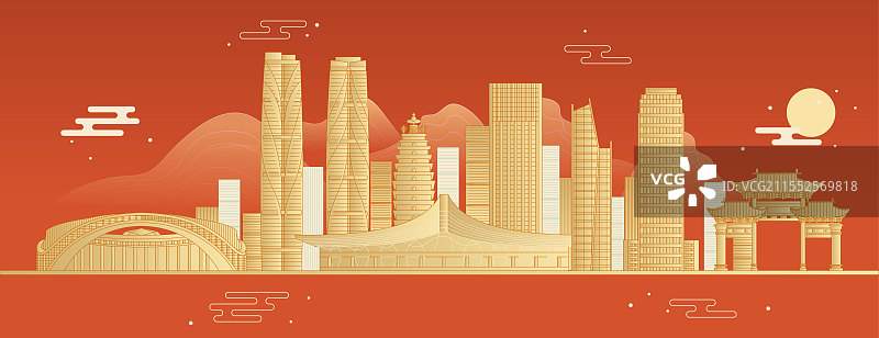 云南昆明地标建筑城市天际线矢量图新中式扁平国风图片素材