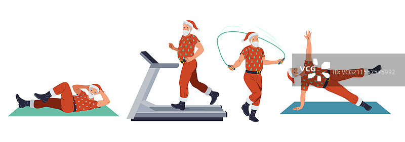 圣诞老人健身训练扁平色彩图标集图片素材