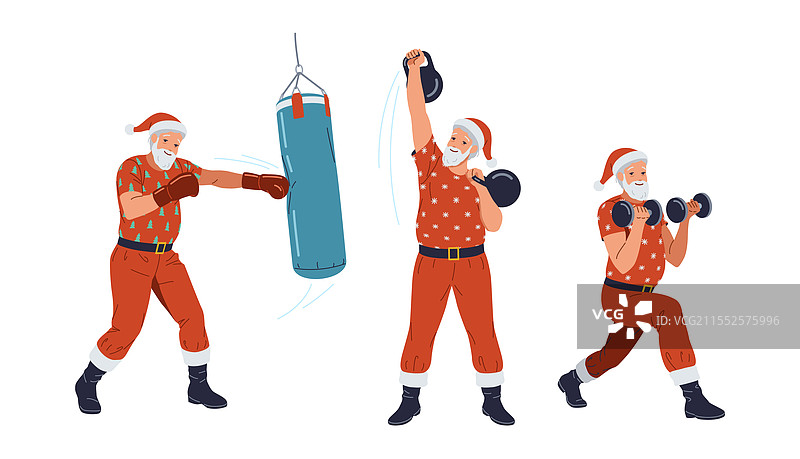 圣诞老人使用运动器材进行训练的平面图图片素材