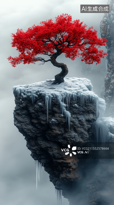 【AI数字艺术】山峰上长着一棵红叶树图片素材