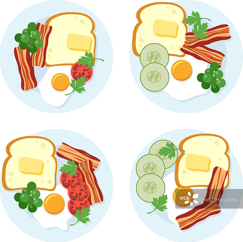 盘子上的煎蛋、培根片和吐司图片素材