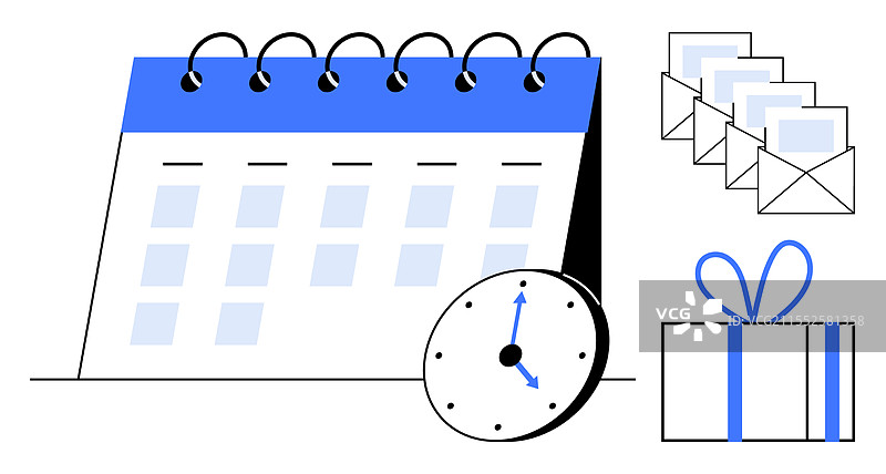 日历页与时钟、信封和礼品盒图片素材