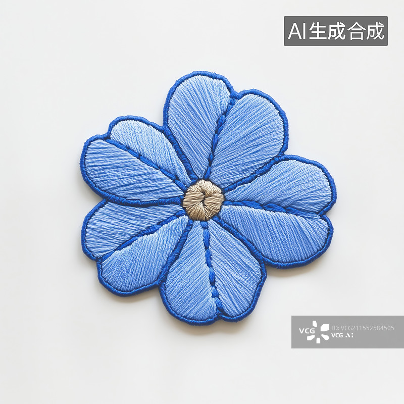 【AI数字艺术】白底传统手工艺蓝色丝线刺绣的一朵花扁平图案插画图片素材