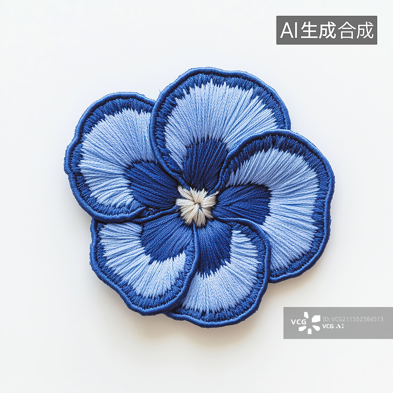 【AI数字艺术】白底传统手工艺蓝色丝线刺绣的一朵花扁平图案插画图片素材