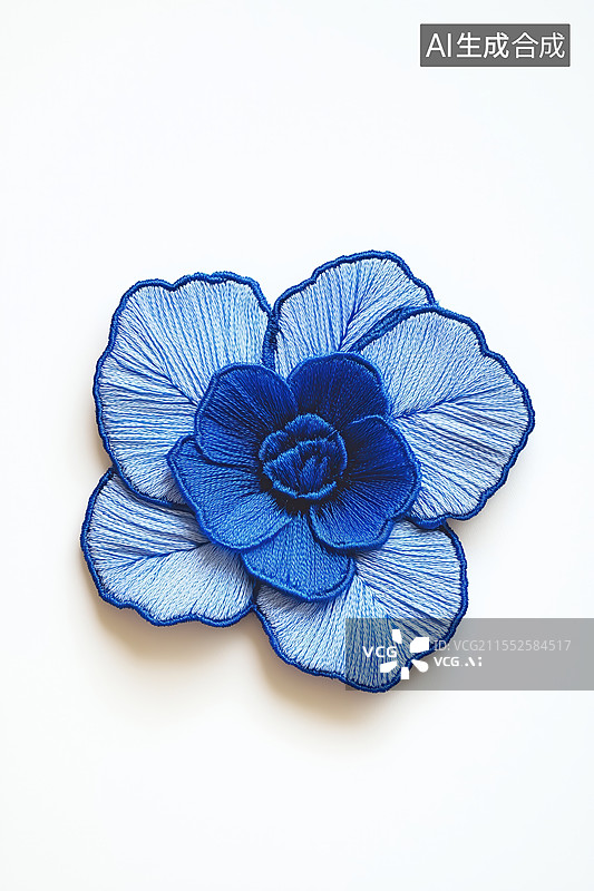 【AI数字艺术】白底传统手工艺蓝色丝线刺绣的一朵花扁平图案插画图片素材