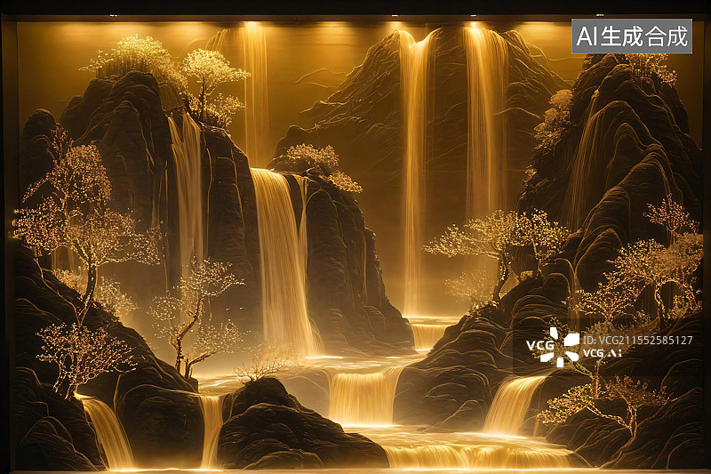 【AI数字艺术】金箔黑金系中国山水水墨画图片素材