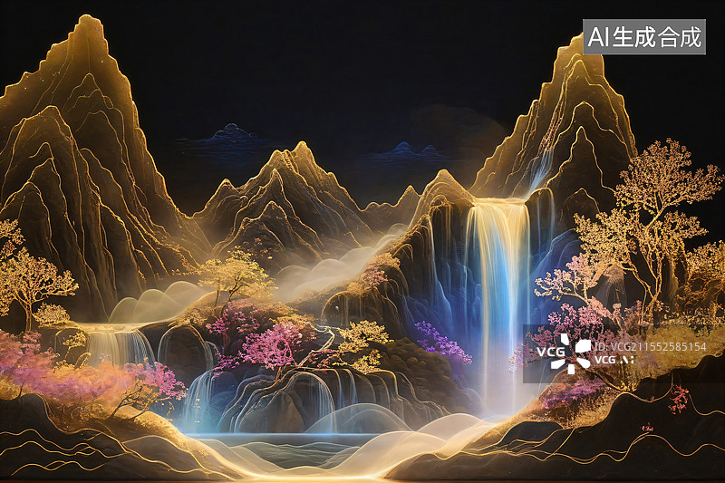 【AI数字艺术】金箔黑金系中国山水水墨画图片素材