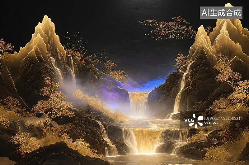 【AI数字艺术】金箔黑金系中国山水水墨画图片素材