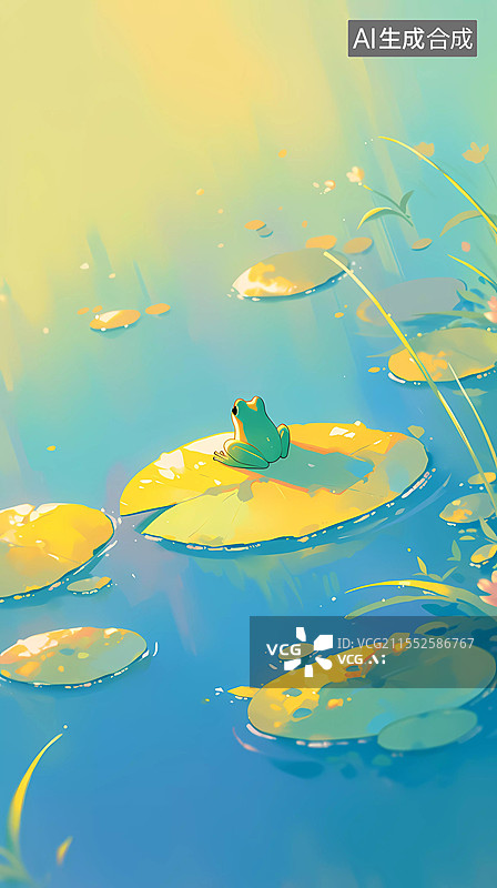 【AI数字艺术】春天节气海报插画，青蛙，水，绿叶图片素材