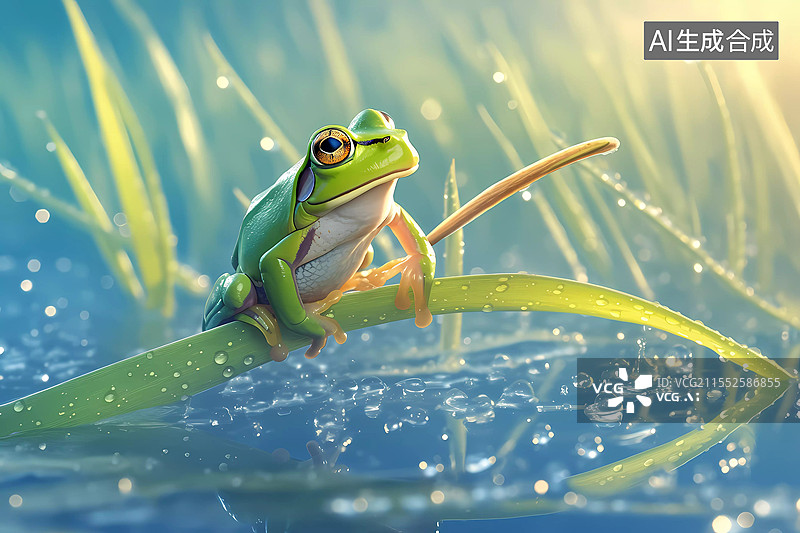 【AI数字艺术】春天节气海报插画，青蛙，水，绿叶图片素材
