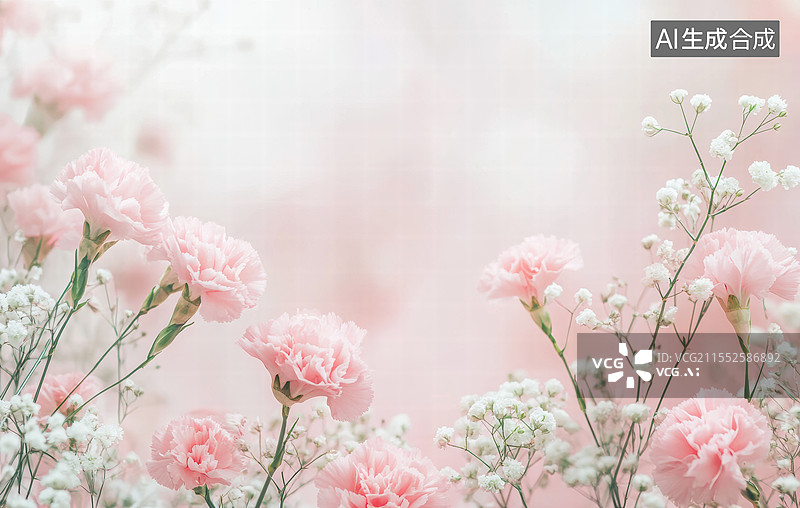 【AI数字艺术】一组美丽的花朵，背景是柔和的粉色。画面中主要以粉色康乃馨为主，这些花朵呈现出柔软而细腻的花瓣图片素材