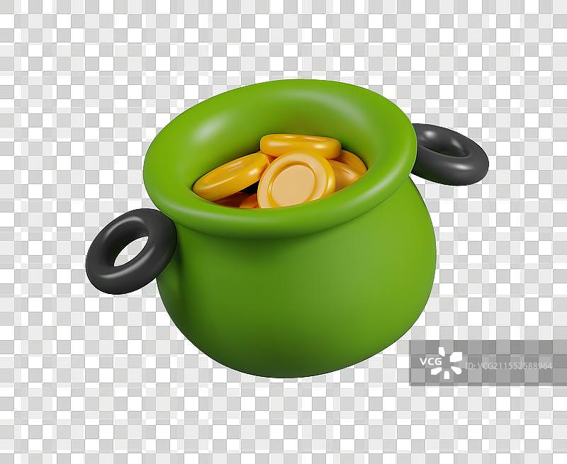 逼真的绿色锅里装满金币图片素材