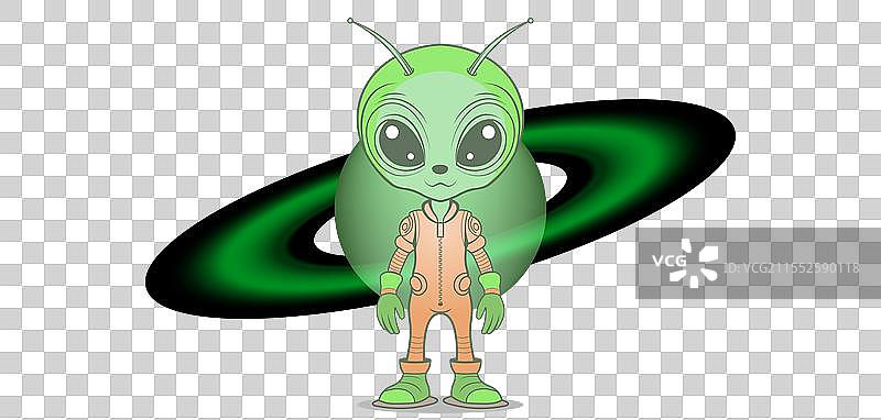 可爱搞笑的卡通绿色外星人穿着橙色工装裤图片素材