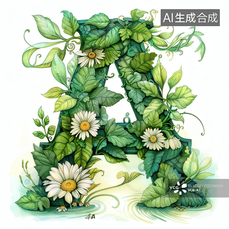 【AI数字艺术】绿叶繁花装点的字母A图片素材