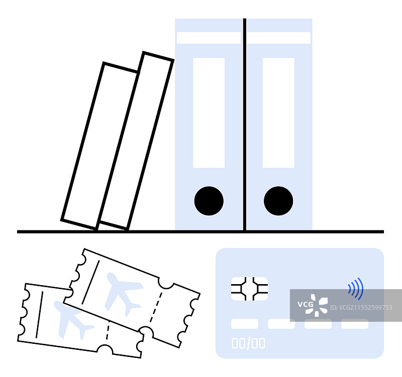 航空公司机票、信用卡和办公文件夹图片素材