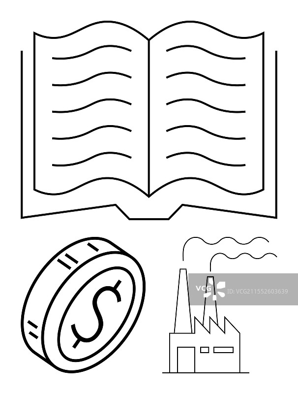 打开的书籍，旁边有美元符号的硬币和工厂图片素材
