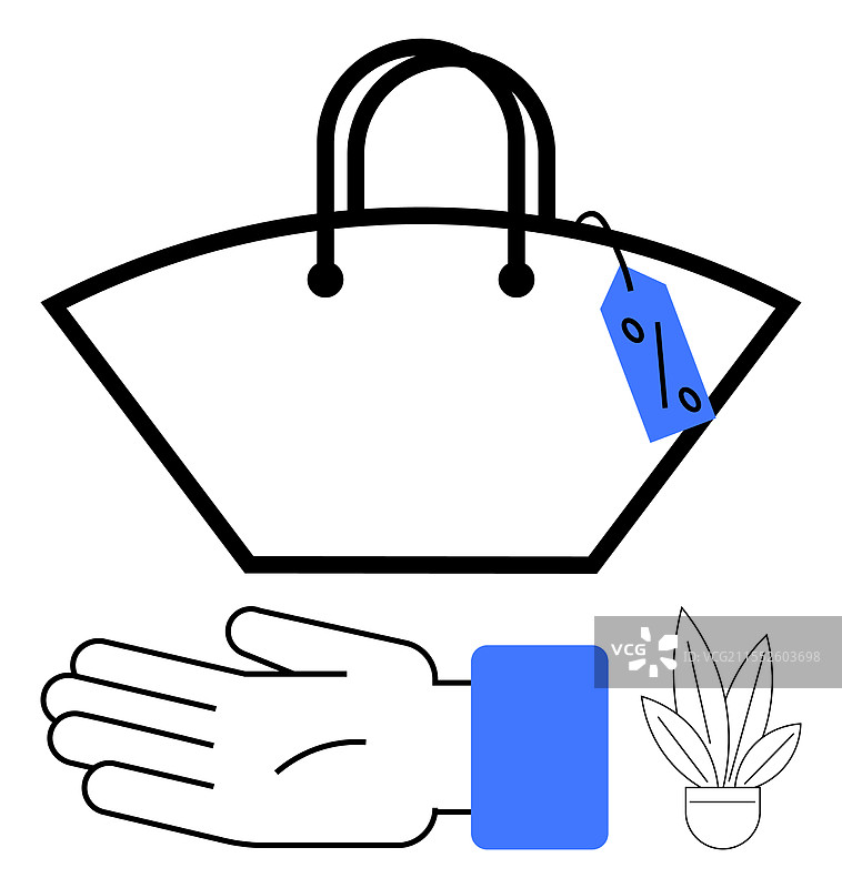 手掌上方漂浮着带折扣标签的购物袋图片素材