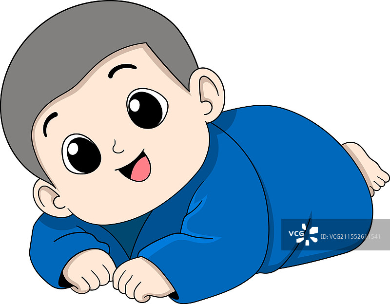 可爱的小男孩穿着蓝色衣服趴着爬行图片素材