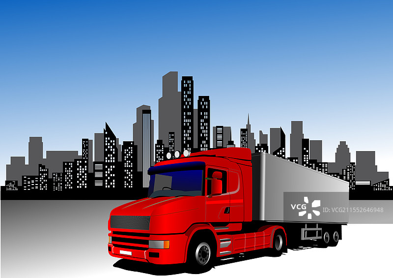 红色送货卡车停在城市前面图片素材