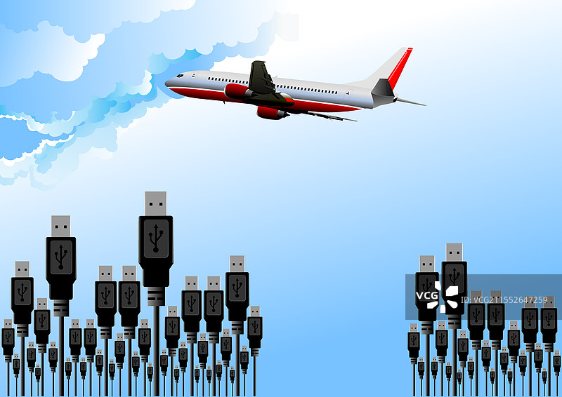 飞机飞越不断增长的USB连接器图片素材