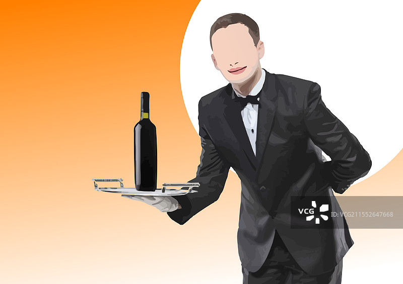 身穿燕尾服的服务员手持一瓶酒图片素材
