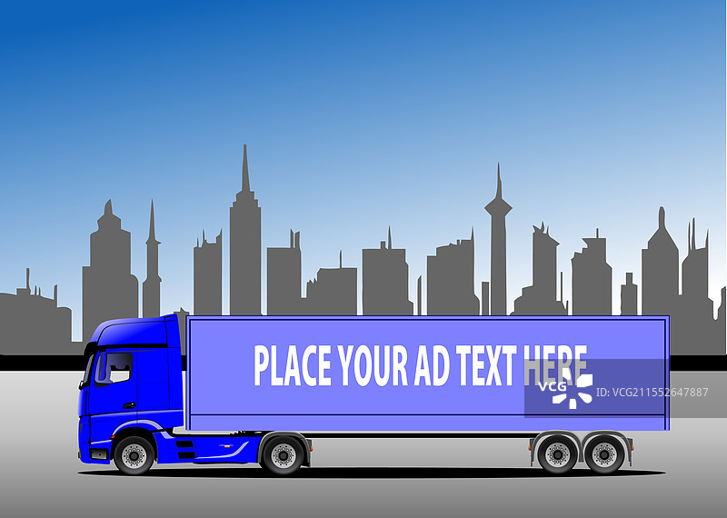 蓝色送货卡车穿过城市图片素材