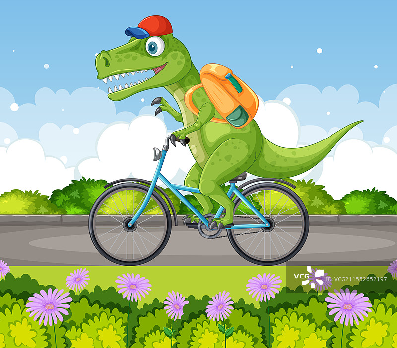 一只恐龙快乐地在风景如画的公园里骑自行车图片素材