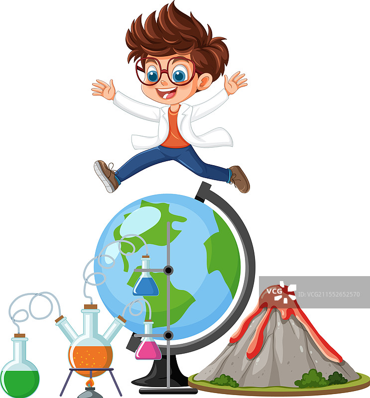 穿着实验室外套的孩子与地球仪和火山图片素材