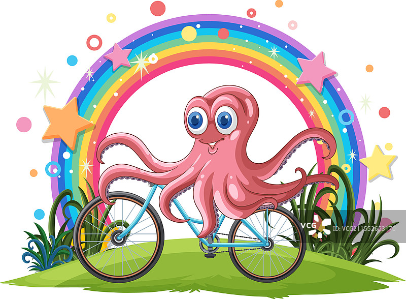 快乐的章鱼在五彩缤纷的环境中骑自行车图片素材