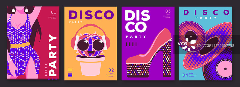 一组复古迪斯科派对海报，配有迪斯科球图片素材