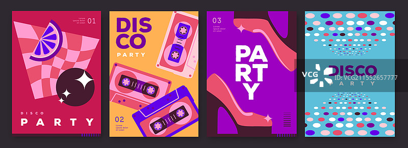 一组复古迪斯科派对海报，配有迪斯科球图片素材