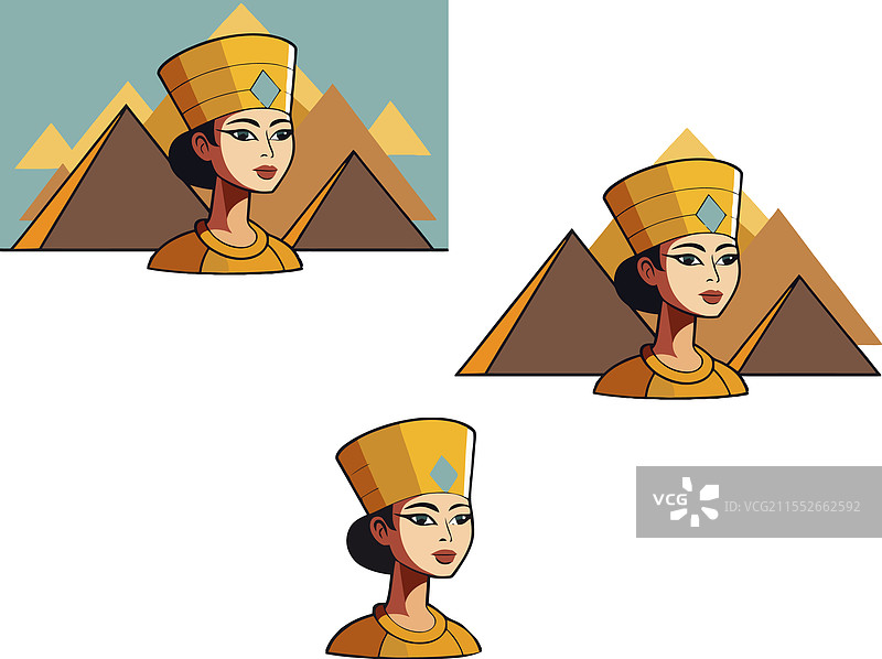 埃及女王戴着金色王冠，背景是金字塔图片素材