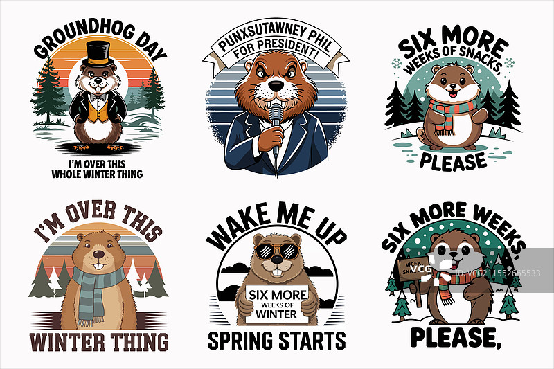 土拨鼠日卡通图形用于T恤设计图片素材