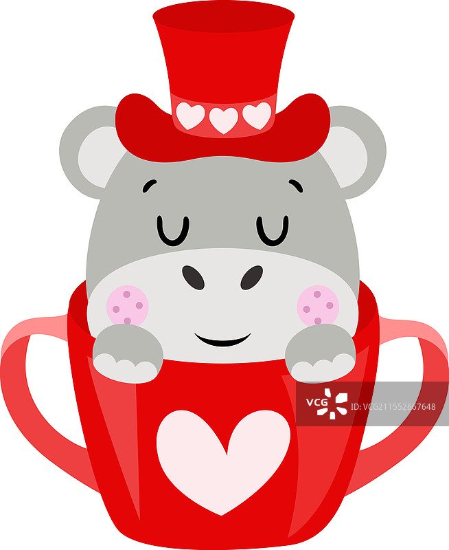 戴着红色帽子的河马在爱情杯中图片素材