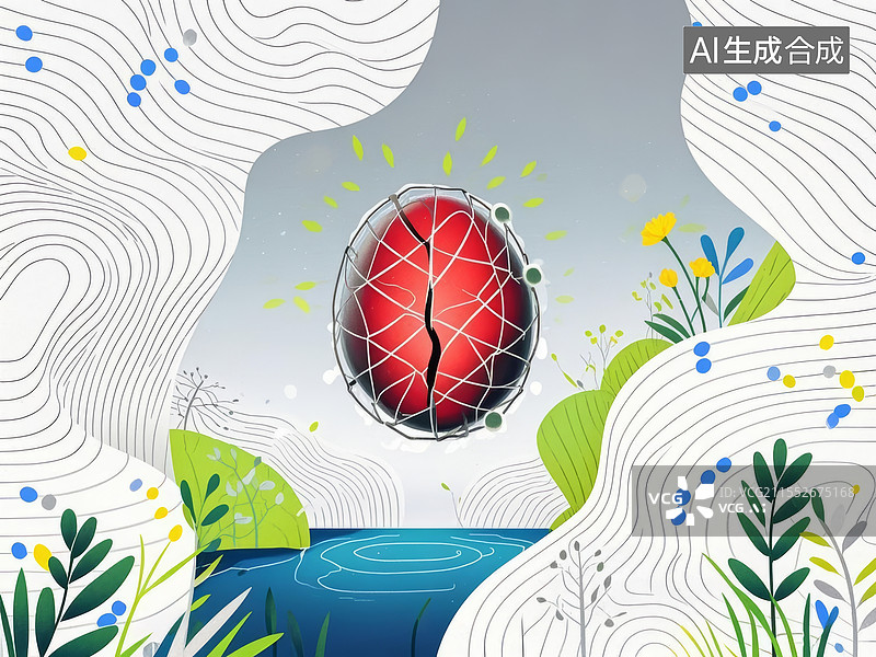 【AI数字艺术】生命之茧扁平医疗插画，灰蓝茧体光球脉冲净化杂质，绿光修复演绎肾脏保护机制图片素材