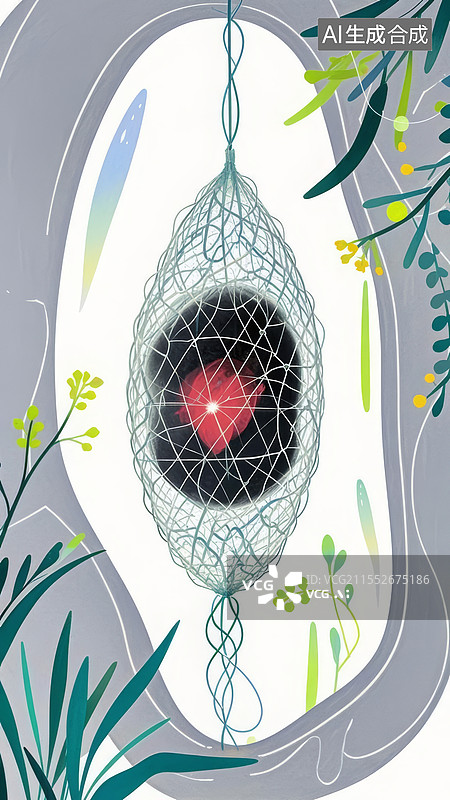 【AI数字艺术】生命之茧扁平医疗插画，灰蓝茧体光球脉冲净化杂质，绿光修复演绎肾脏保护机制图片素材