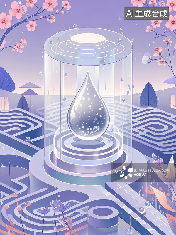 【AI数字艺术】澄澈之境扁平医疗插画，迷宫屏障液态金属净化杂质，淡紫银白雾气诠释肾脏过滤图片素材