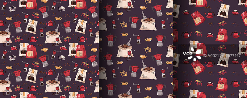 咖啡袋和摩卡壶的无缝图案集图片素材