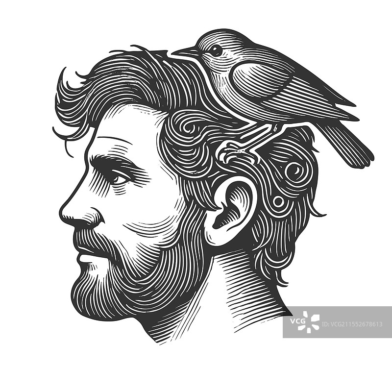 复古风格的男人头上有只鸟图片素材