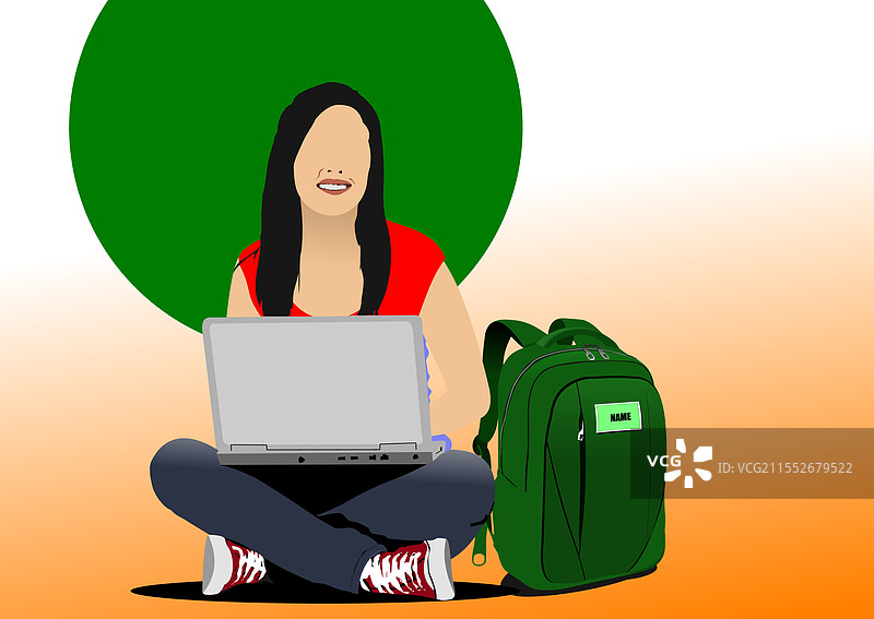 年轻女学生坐着使用笔记本电脑图片素材