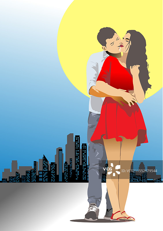 一对男女在城市天际线前亲吻图片素材