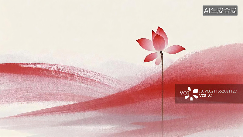 【AI数字艺术】水墨风单枝红荷图片素材