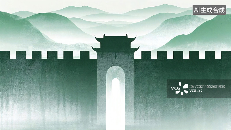 【AI数字艺术】水墨风格城墙与远山图片素材
