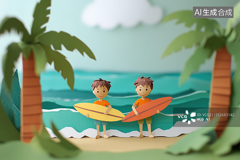 【AI数字艺术】剪纸风格站在沙滩上的冲浪少年插画图片素材