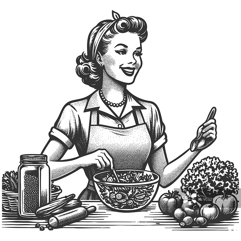 微笑的复古女性在厨房准备沙拉图片素材