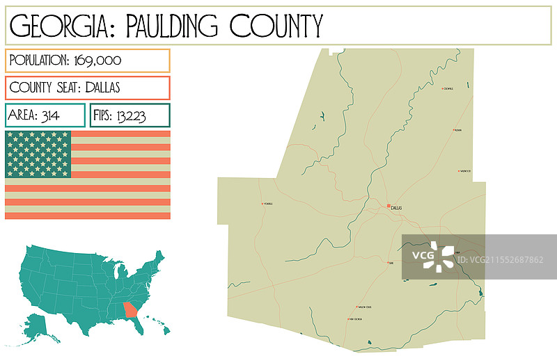 美国乔治亚州保尔丁县地图图片素材