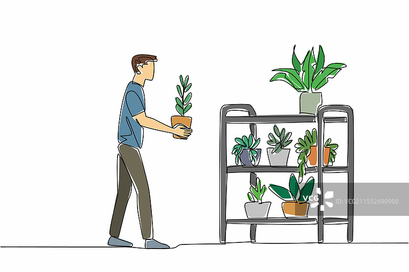 单线条画的男人举着锅，心中渴望。图片素材