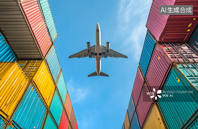 【AI数字艺术】俯仰-飞机飞过集装箱码头的上空图片素材