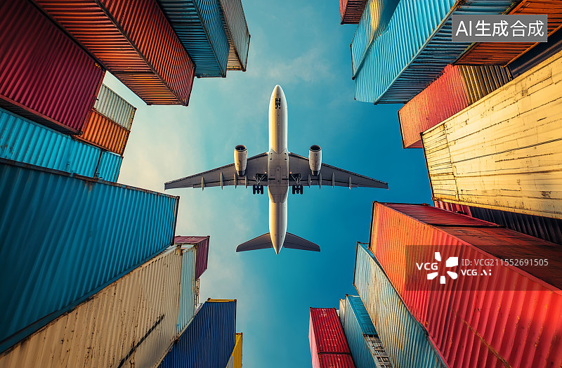 【AI数字艺术】俯仰-飞机飞过集装箱码头的上空图片素材